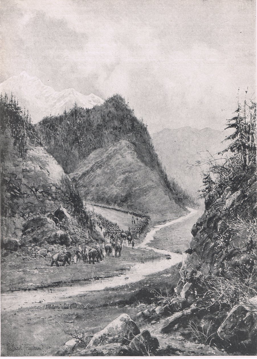 Afghanistan: La marcia della colonna di Kabul verso Khandahar, agosto 1880, illustrazione da British Battles on Land and Sea, 1915 da Joseph Holland Tringham