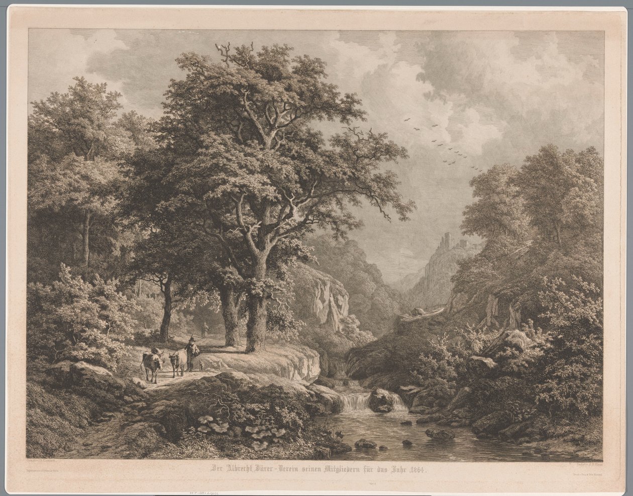 Paesaggio montuoso con cascata al centro, a sinistra un ragazzo con tre mucche e un cane da Joseph Hubert Blees