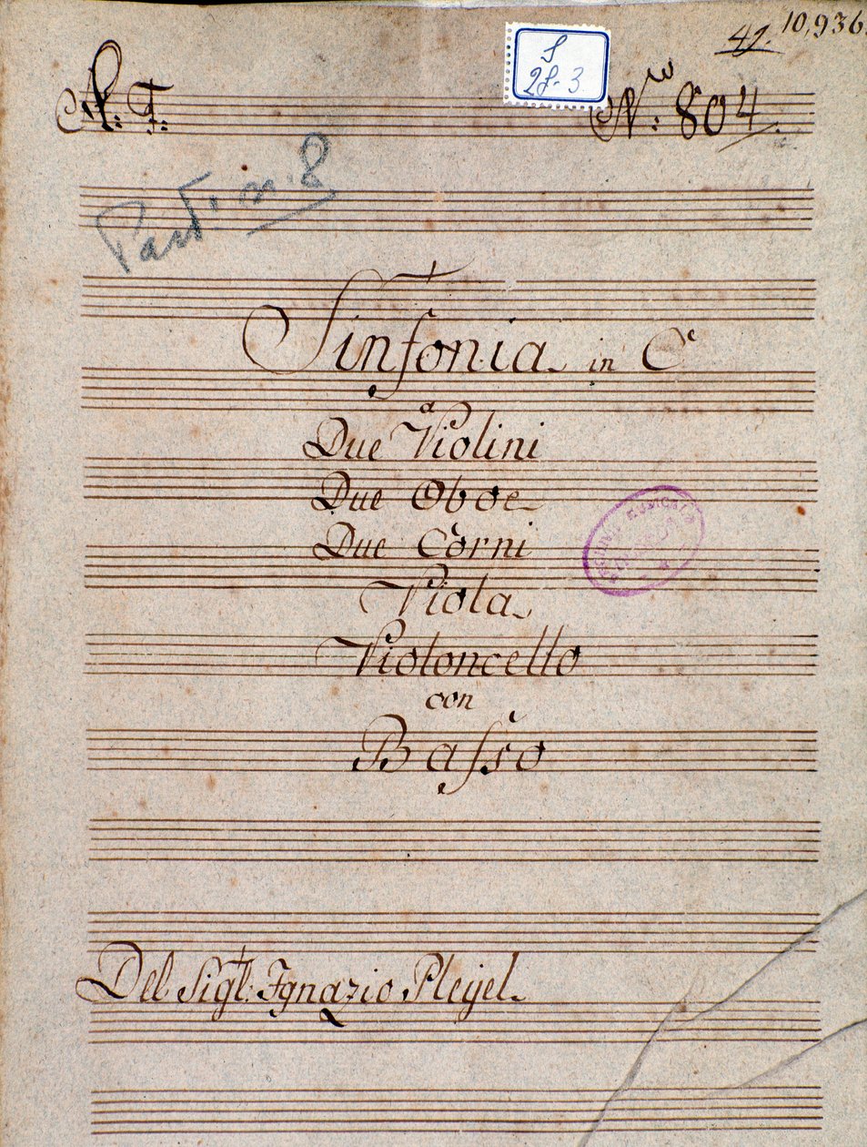 Prima pagina della partitura musicale della Sinfonia in Do di Pleyel da Joseph Ignace Pleyel
