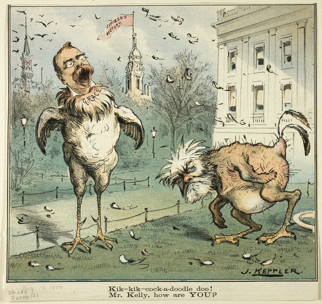 Kik-kik-cock-a-doodle doo! Mr. Kelly, come sta, da Puck da Joseph Keppler