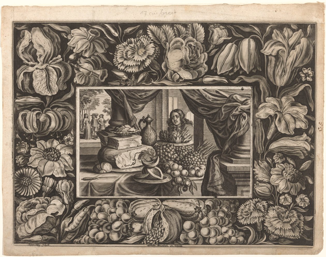 Natura morta di formaggi e frutta con bordo ornamentale da Joseph Kling