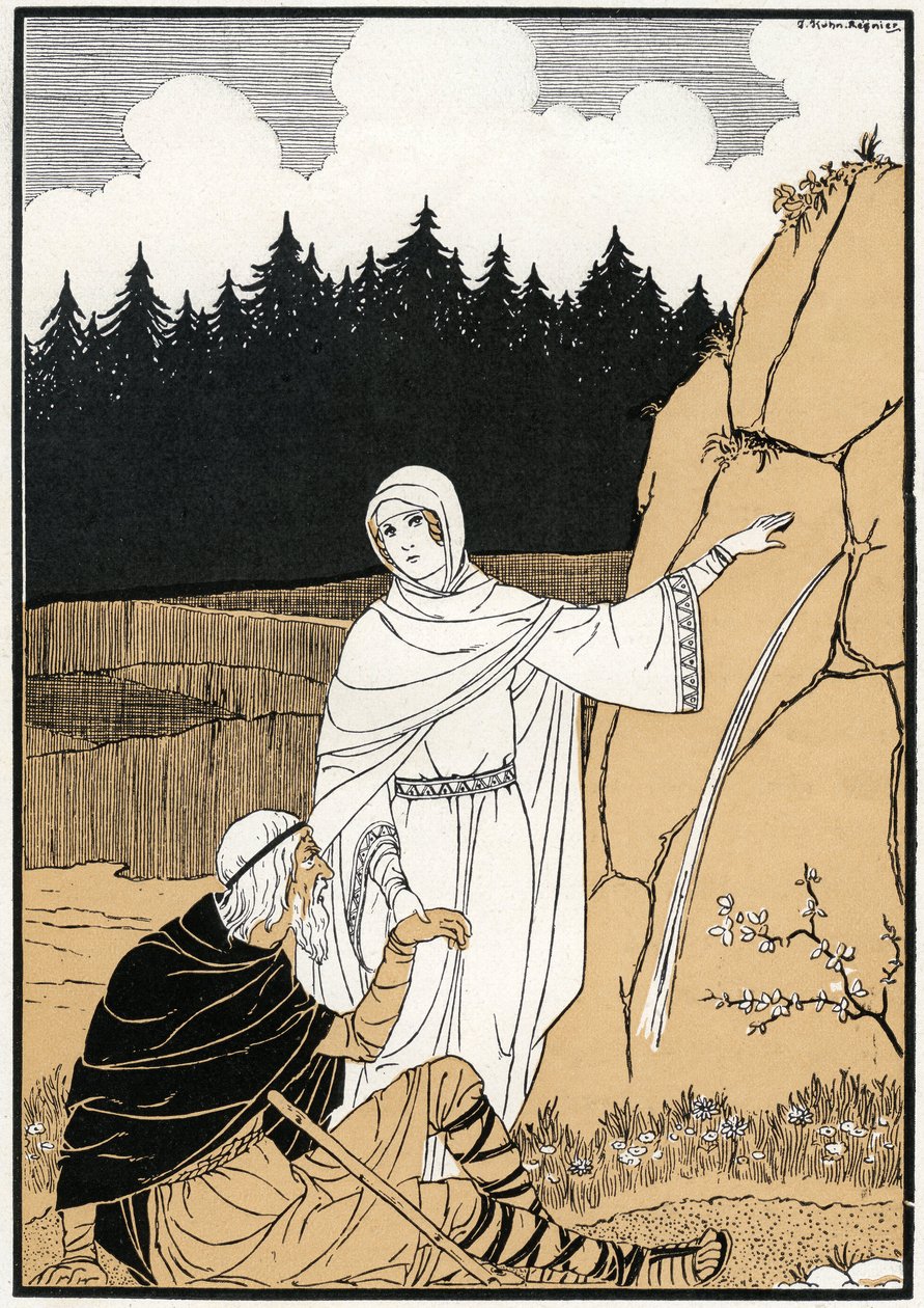 La legenda di Sainte Odile (Odile de Hohenbourg, ca. 662 ca. - ca. 720) che estrae una sorgente dalla roccia - Illustrazione di Joseph Kuhn Regnier (Kuhn-Regnier) (1873-1940) per "Legendes et contes d