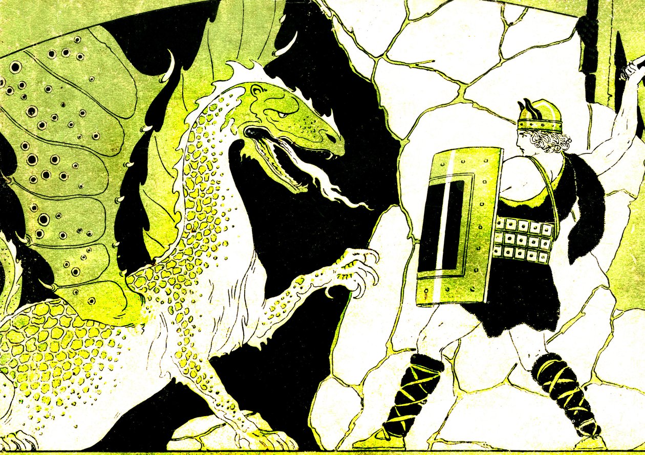 Sigfrido combatte contro il Drago. Leggenda dei Nibelunghi. Illustrazione di Joseph Kuhn Regnier (Kuhn-Regnier) (1873-1940) per "Epopees et legendes d