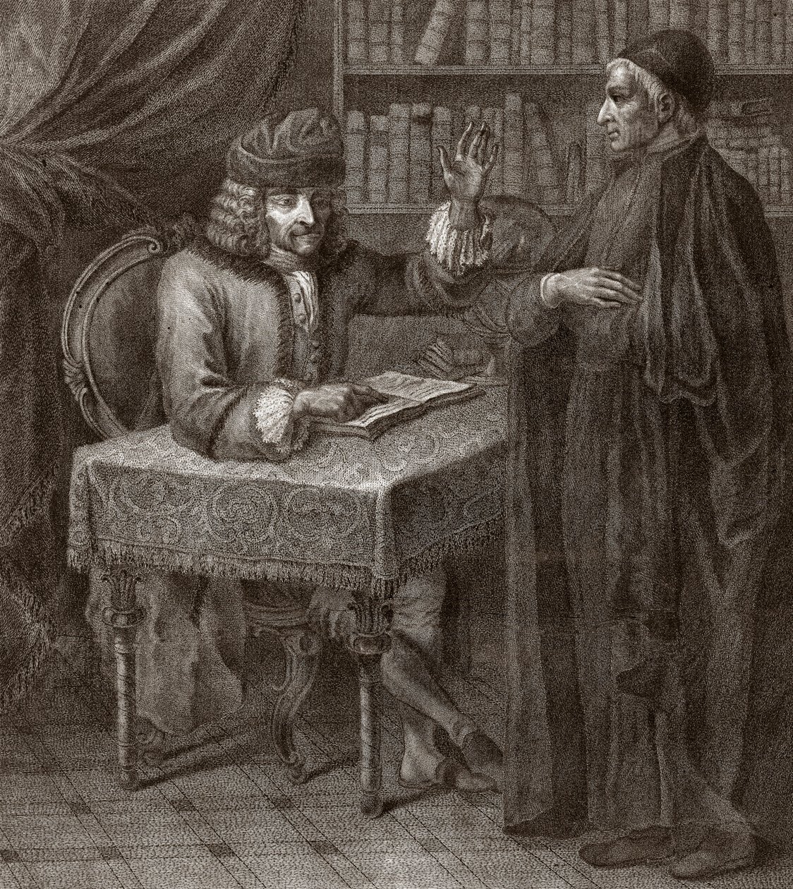 Voltaire e il religioso - VOLTAIRE, François-Marie Arouet - con un sacerdote. Voltaire e un prete (Religione) - Incisione di Joseph Lante - 1764 da Joseph Lante