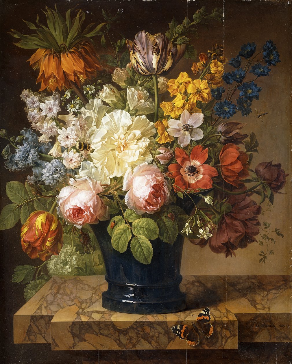 Fiori in un vaso su un davanzale di marmo con un ammiraglio rosso, un bombo, due scarabei e una libellula, 1807 da Joseph Laurent Malaine