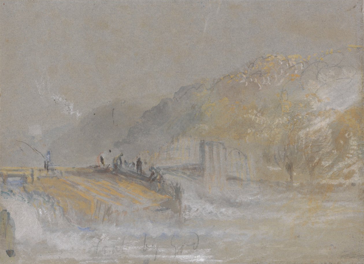 Foul by God: paesaggio fluviale con pescatori che pescano da una diga da Joseph Mallord William Turner