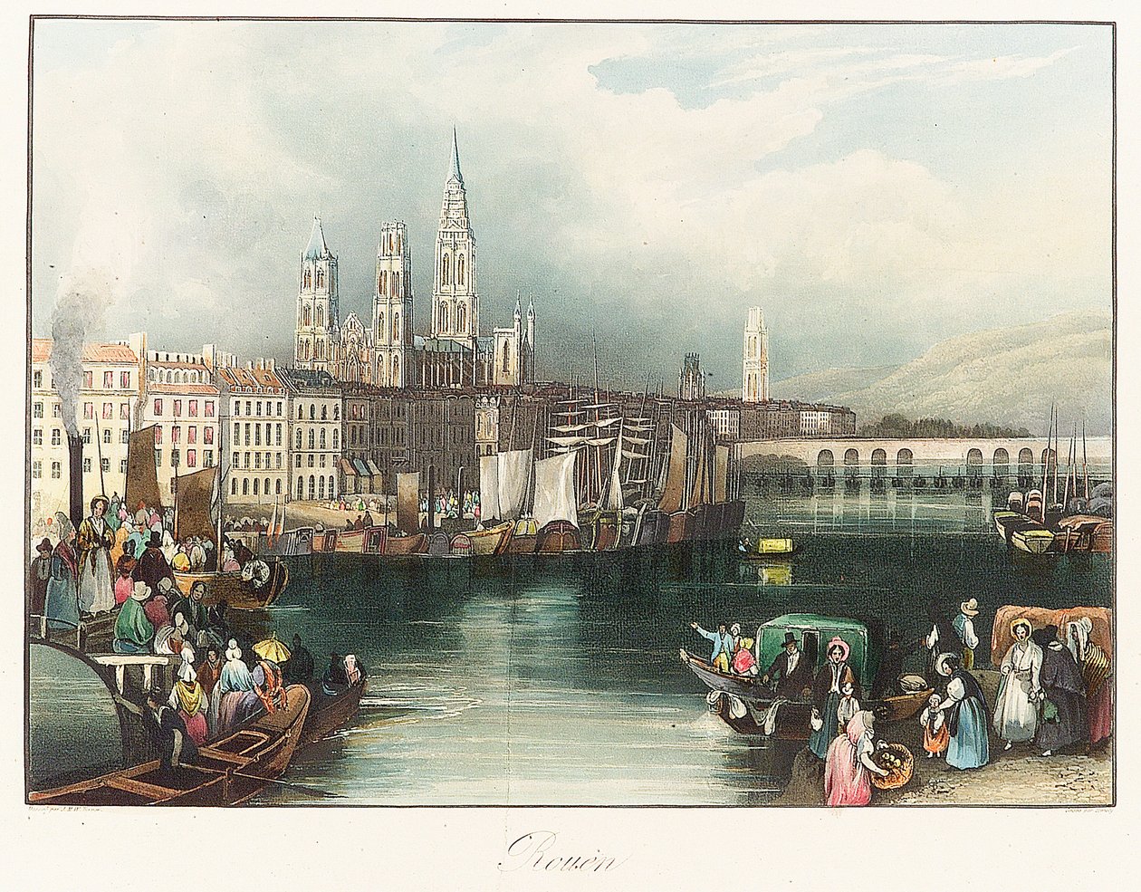 Rouen (Francia). Litografia (33x46,9 cm) di Joseph Mallord William Turner (1775-1851) da Joseph Mallord William Turner