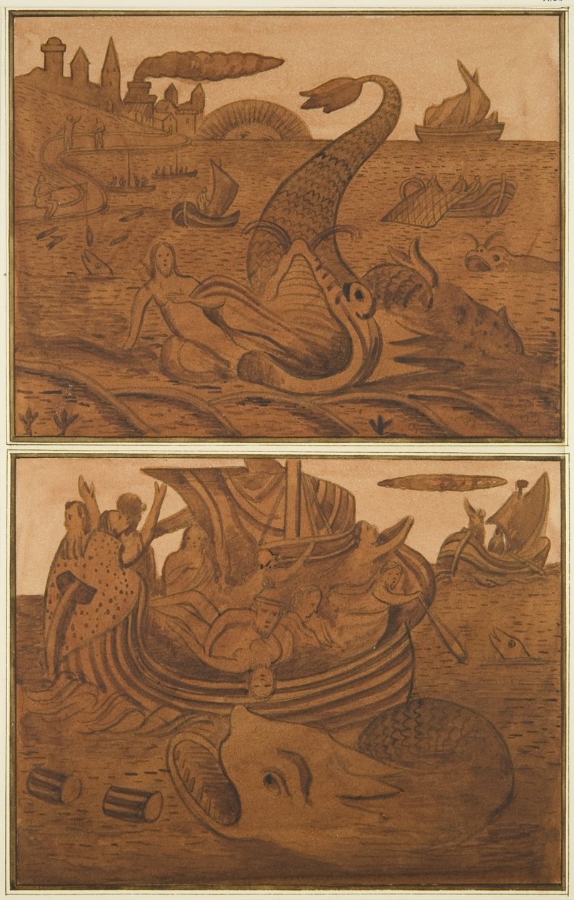 2 scene della vita di Giona su un vecchio baule di quercia nell