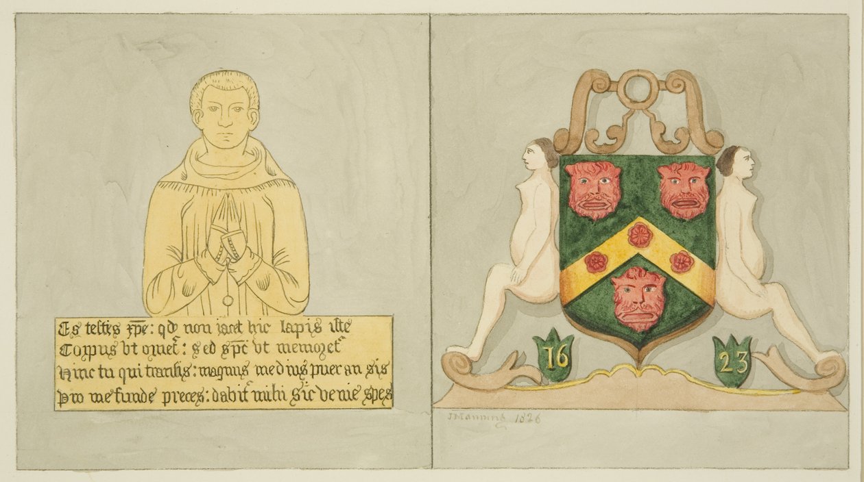 Piastra di ottone nella Cappella dei Tessitori e gli Stemmi dei Tessitori nella Chiesa del Tempio da Joseph Manning
