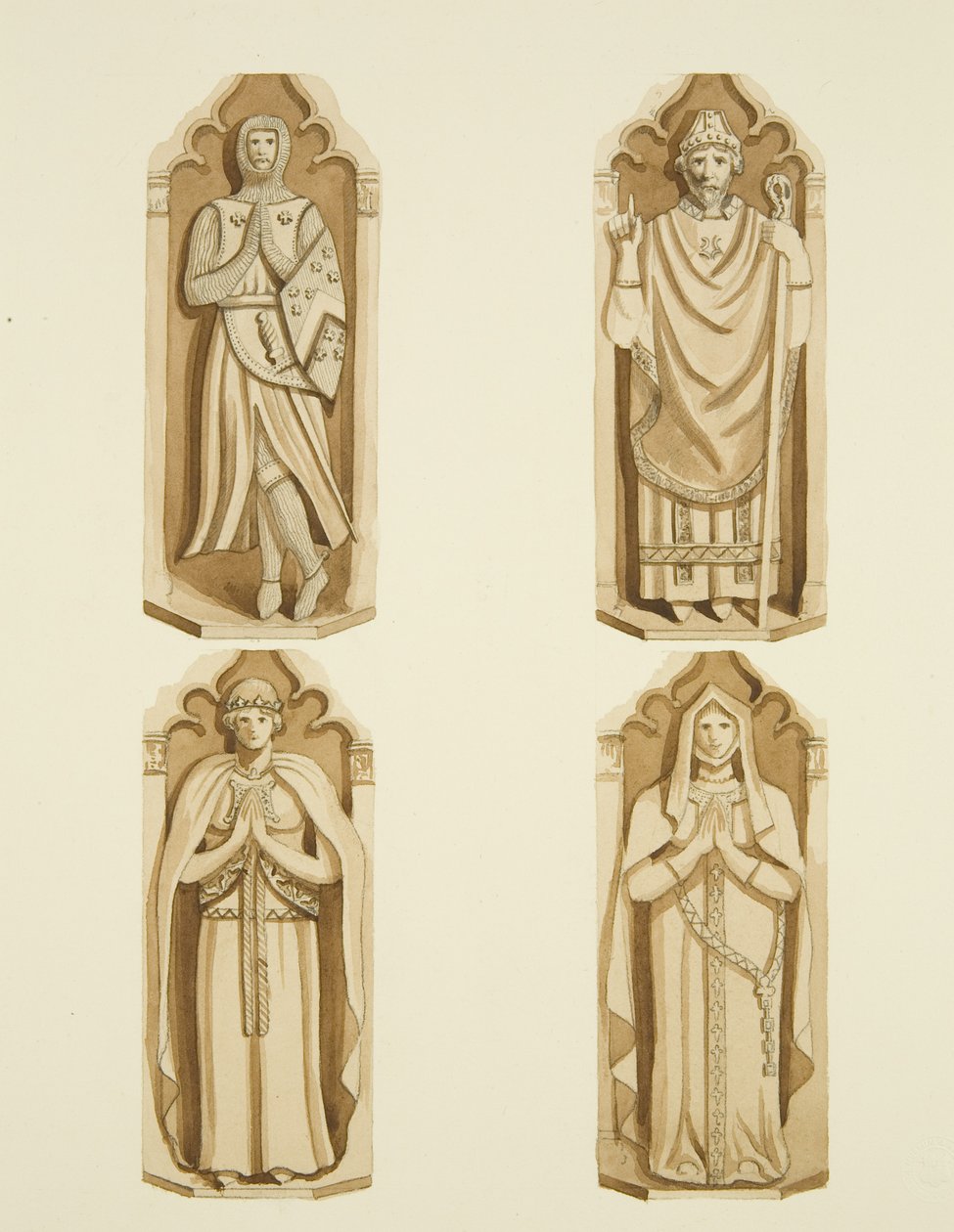 Quattro figure che decorano le porte realizzate da Clarke, su entrambi i lati dell