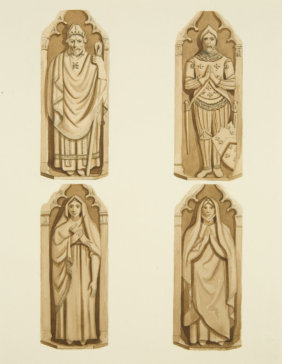 Quattro figure che decorano le porte fatte da Clarke, su ciascun lato dell