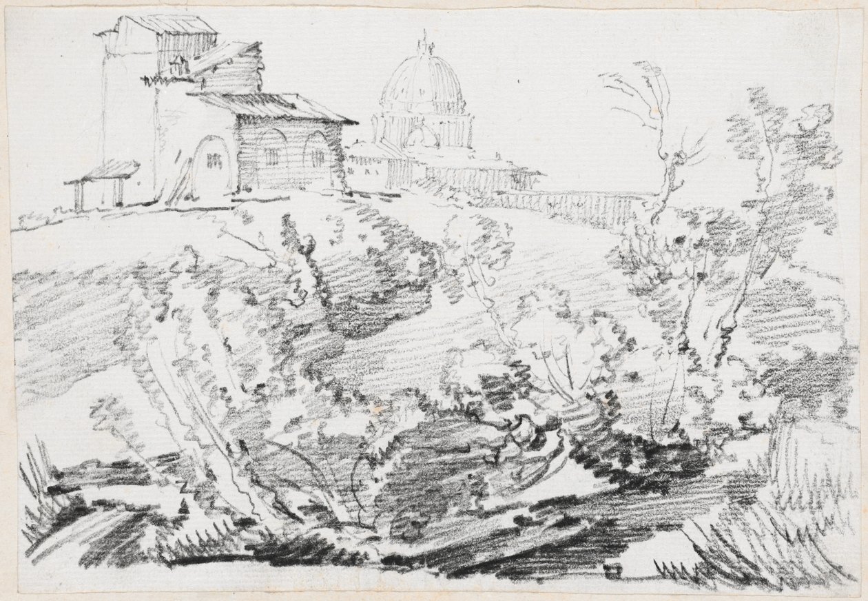 Un edificio su una collina con San Pietro in lontananza da Joseph Marie Vien