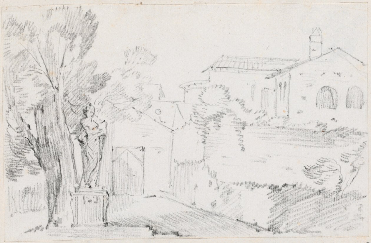 Angolo di un giardino italiano con una chiesa sullo sfondo da Joseph Marie Vien