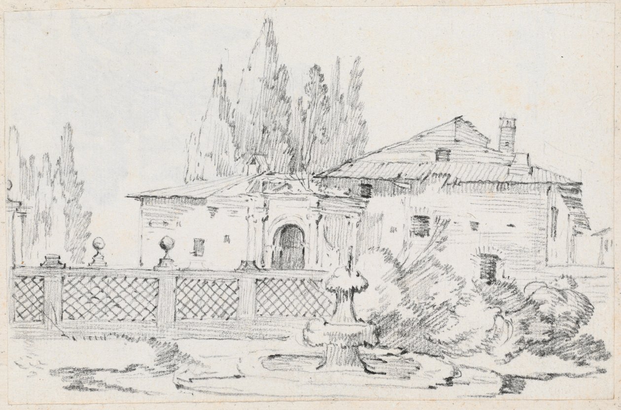 Casa e alberi oltre un muro di giardino da Joseph Marie Vien