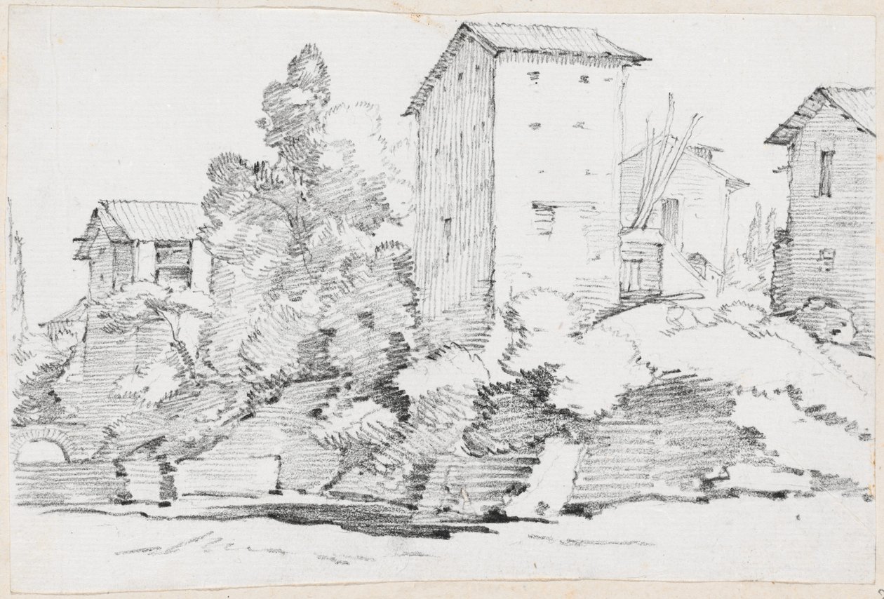 Edifici agricoli italiani vicino a un ruscello da Joseph Marie Vien