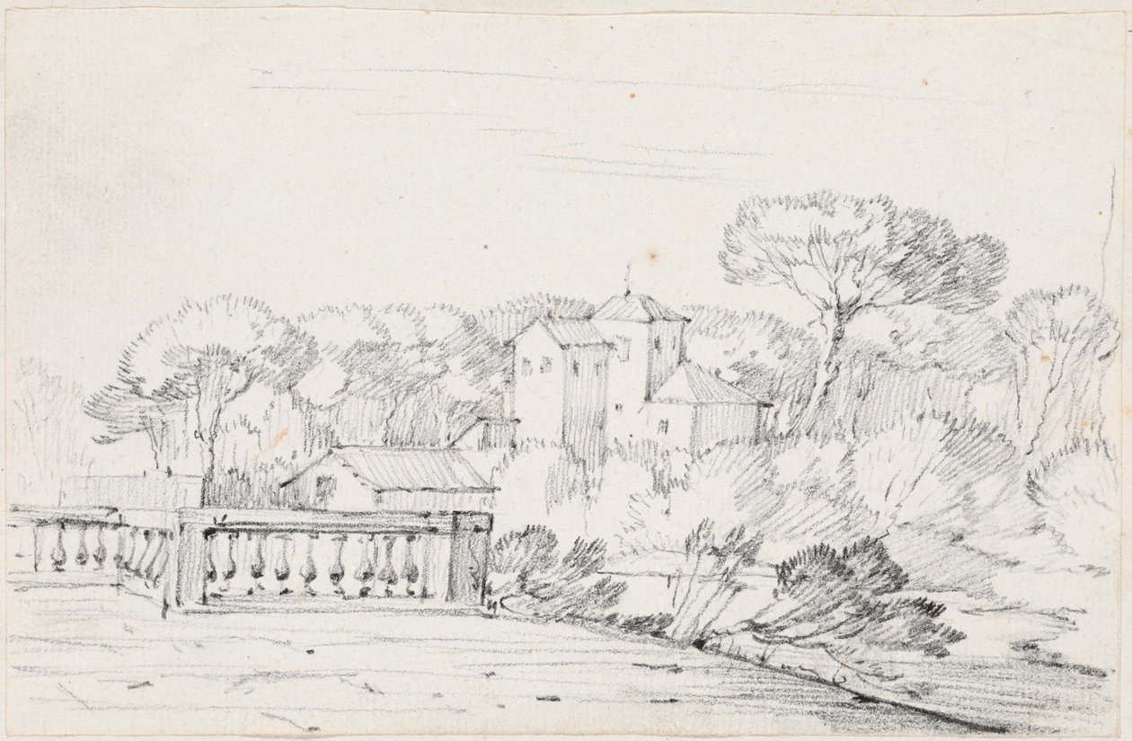 Terrazza lungo un fiume con una villa e alberi oltre da Joseph Marie Vien