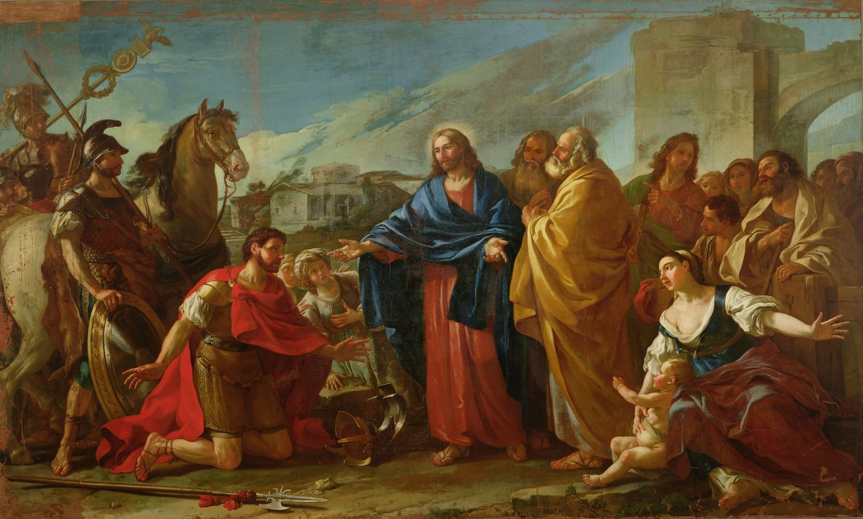 Il centurione inginocchiato ai piedi di Cristo o, Gesù guarisce il figlio di un ufficiale, 1752 da Joseph Marie, the Elder Vien