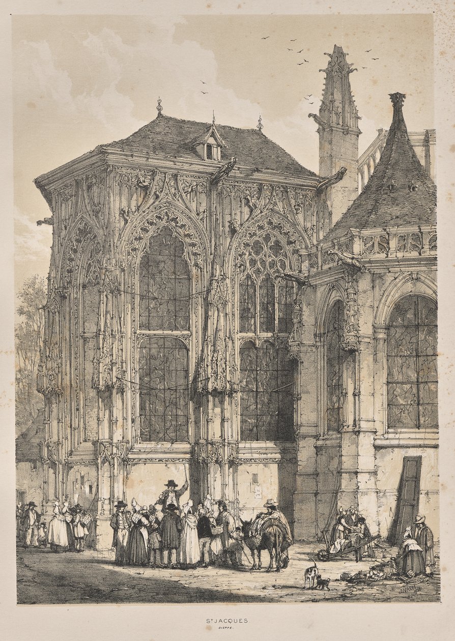 Architettura del Medioevo: St. Jacques, Dieppe, Esterno Est da Joseph Nash