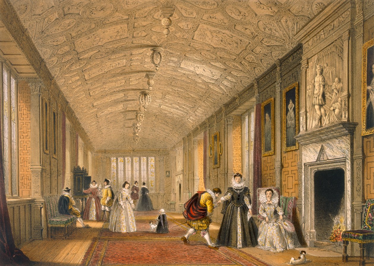La Galleria Lunga a Lanhydrock, Cornovaglia, 1600, da Architettura del Medioevo, pubblicato 1838 da Joseph Nash