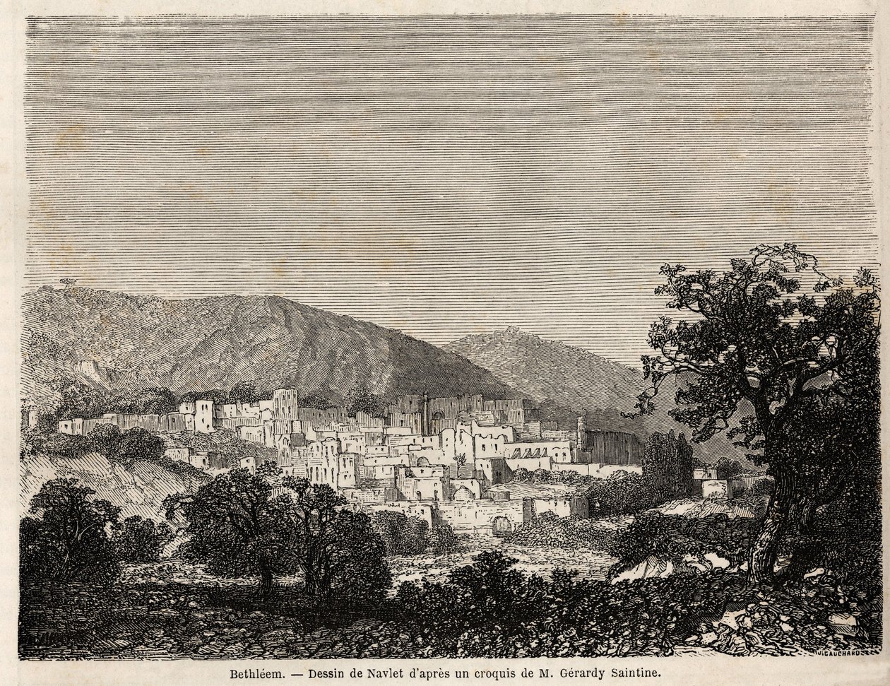 Veduta di Betlemme, disegno di Joseph Navlet per illustrare il viaggio di Mr. Bida in Palestina nel 1856. Incisione in "Le tour du monde, nouveau journal des voyages" Parigi da Joseph Navlet