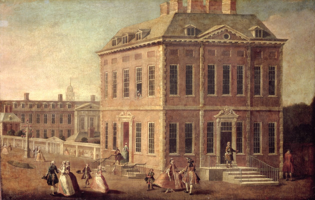Veduta di Ranelagh House e Gardens, e del Chelsea Hospital, con figure che camminano in primo piano da Joseph Nickolls