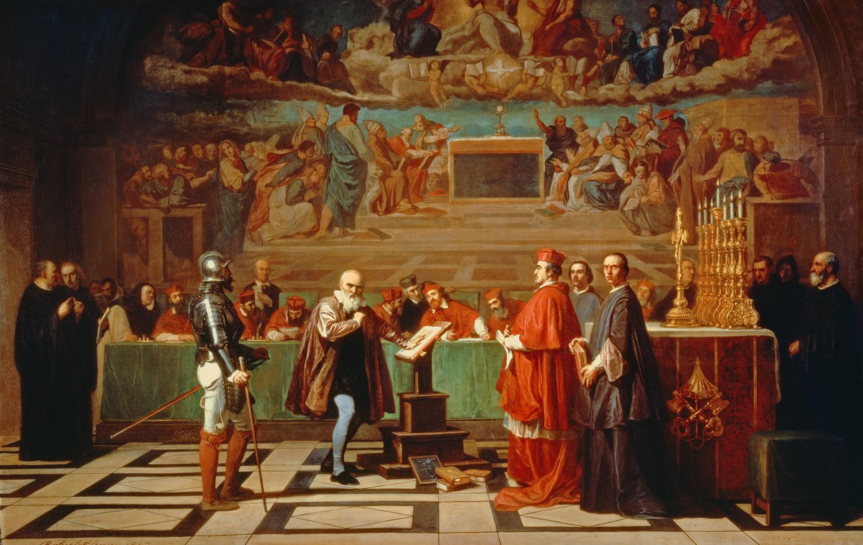 Galileo Galilei (1564-1642) davanti ai membri del Santo Uffizio in Vaticano nel 1633, 1847 da Joseph Nicolas Robert Fleury