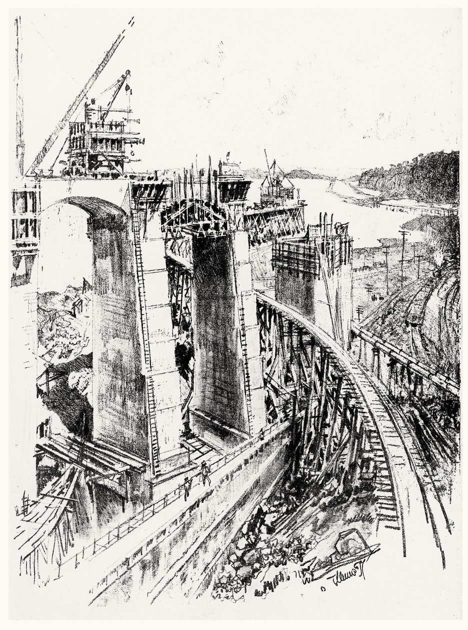 Approcci alla Chiusa di Gatun, tavola VI da Il Canale di Panama di Joseph Pennell, 1912 da Joseph Pennell