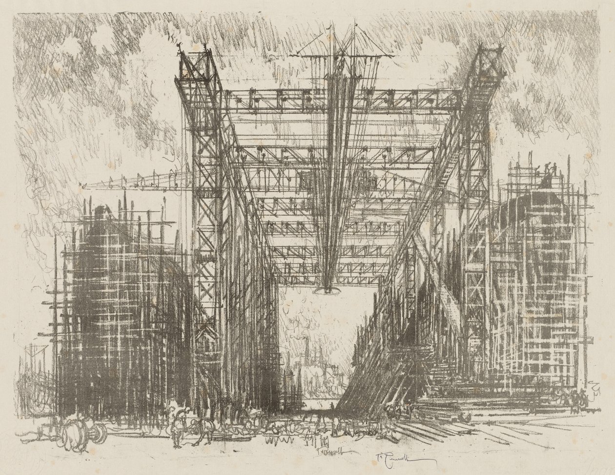 Lavoro di guerra inglese: Il portale (un cantiere navale mercantile) da Joseph Pennell