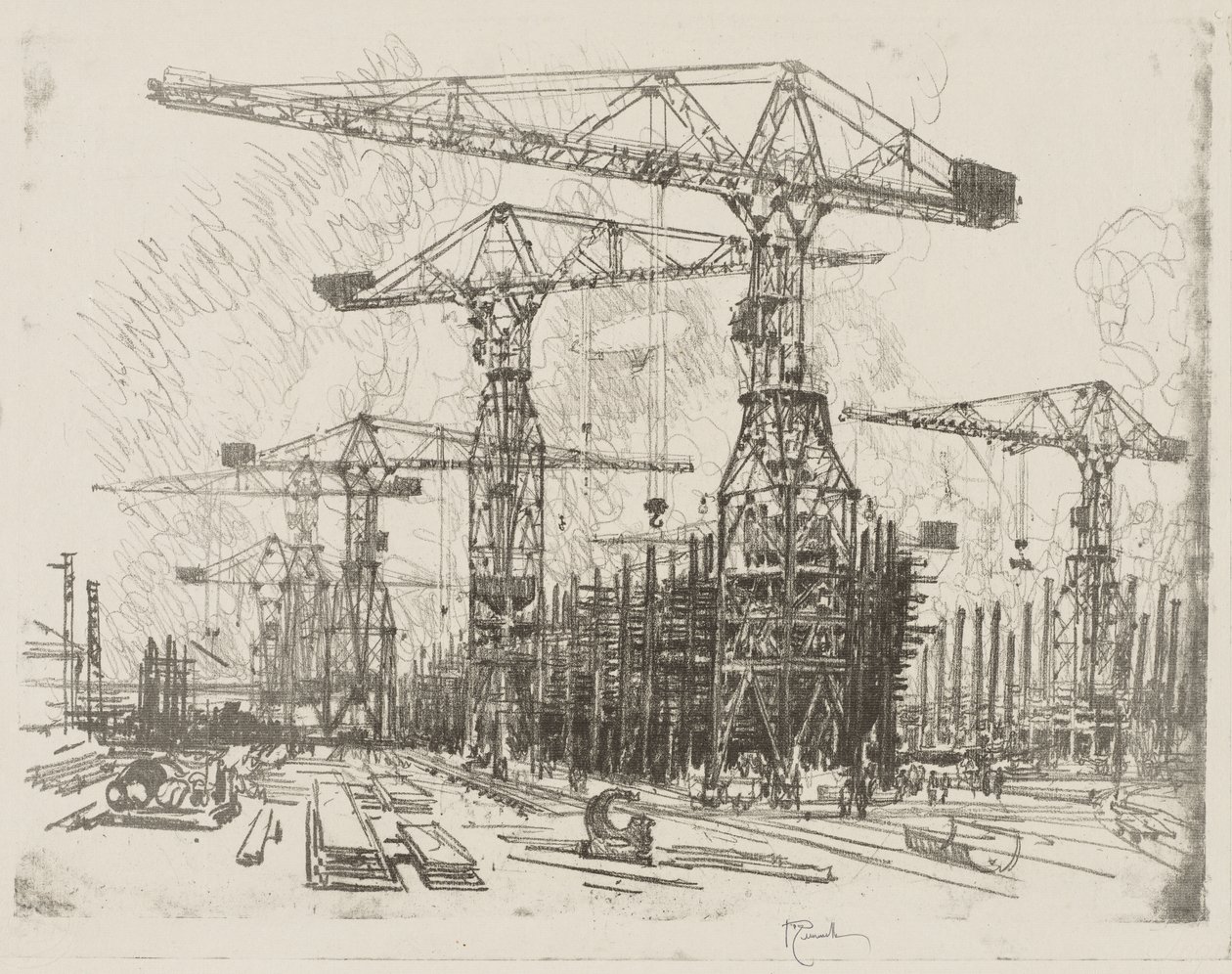 Lavoro di guerra inglese: Il vecchio cantiere navale da Joseph Pennell