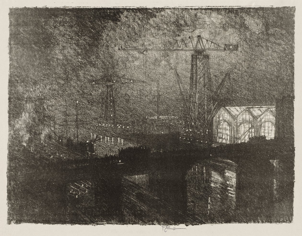 Lavoro di guerra inglese: Le officine di notte, cambio turno da Joseph Pennell