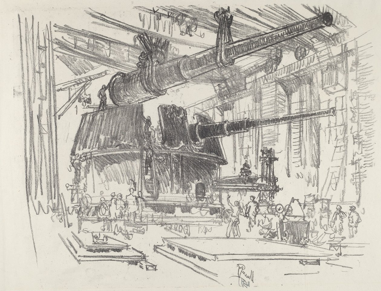 Montaggio dei Cannoni nelle Torrette, 1916 da Joseph Pennell