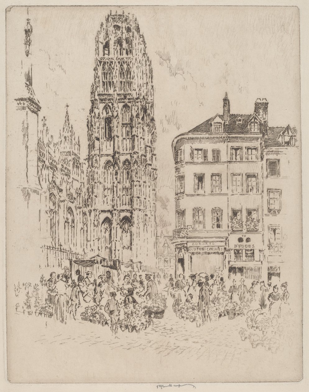 Mercato dei fiori e Torre del Burro, Rouen da Joseph Pennell