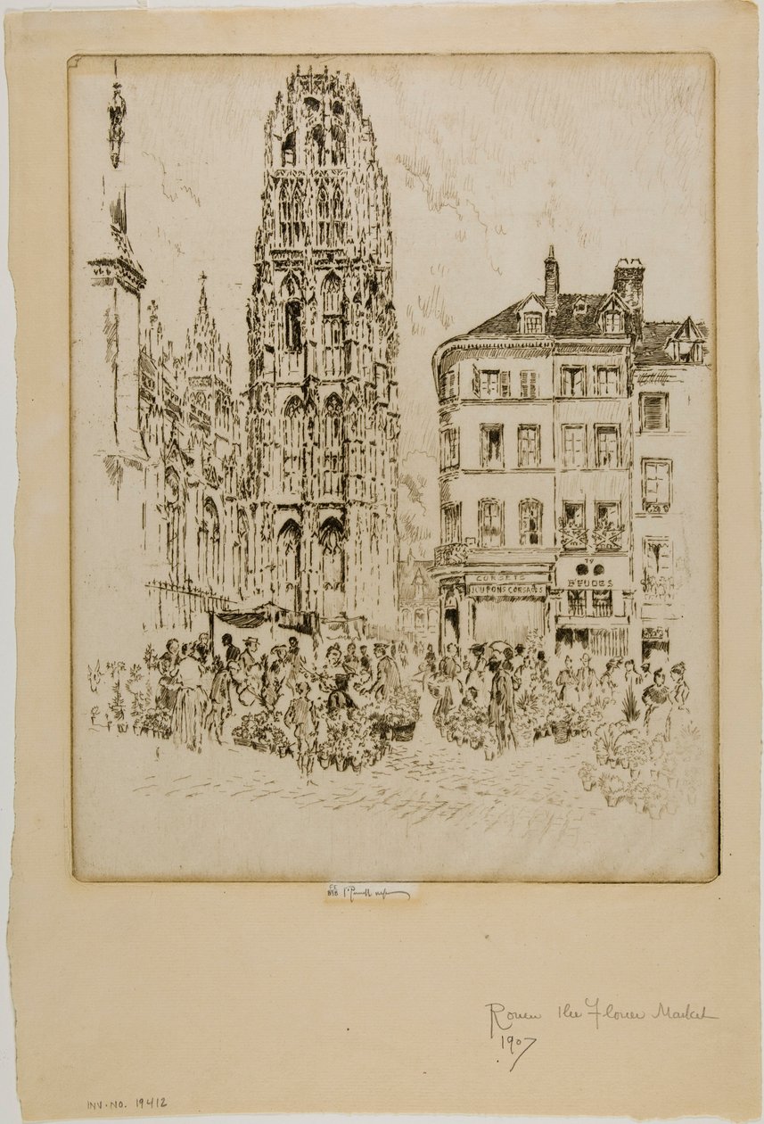 Mercato dei fiori e Torre del Burro, Rouen da Joseph Pennell