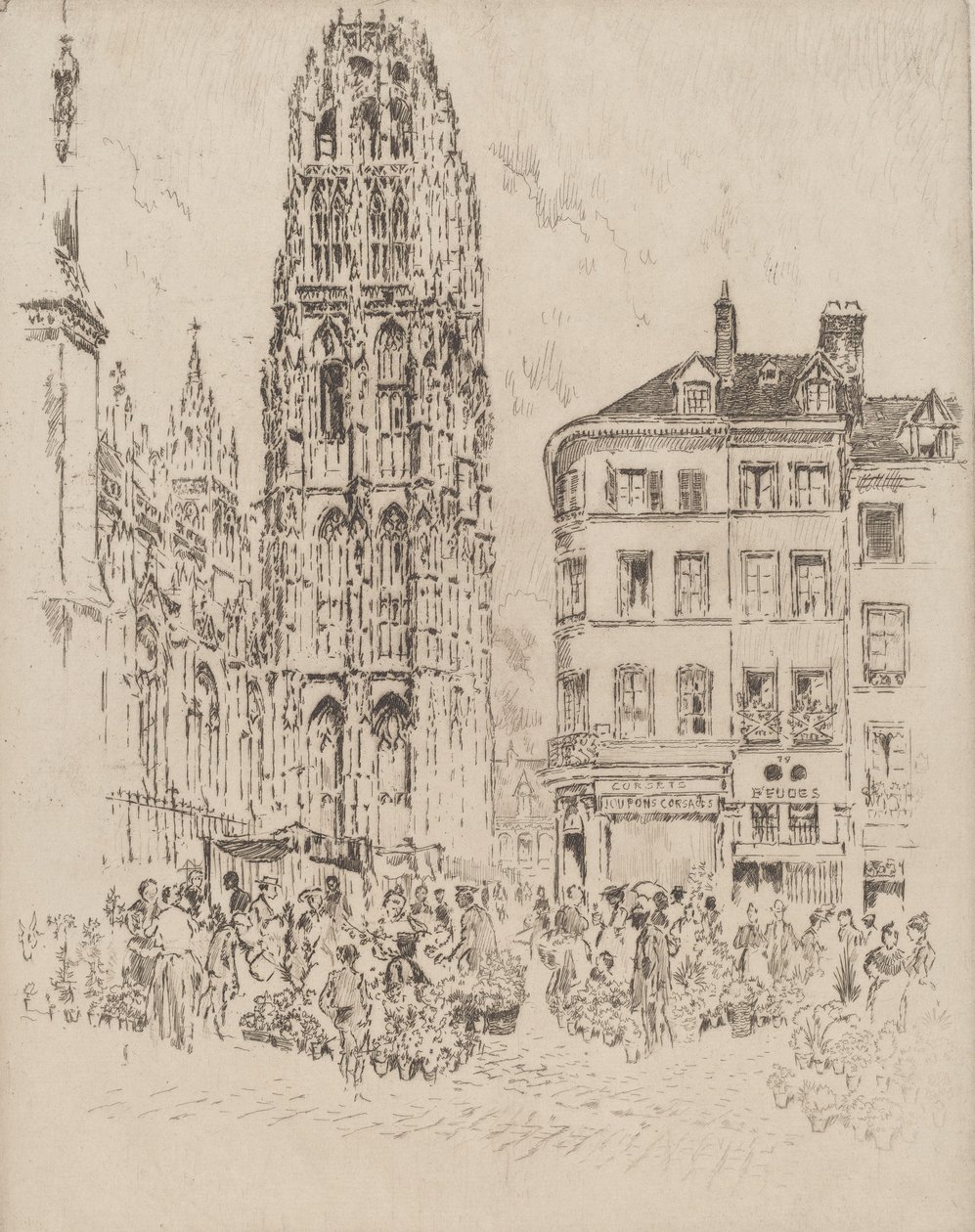 Mercato dei Fiori e Torre del Burro, Rouen, 1907 da Joseph Pennell