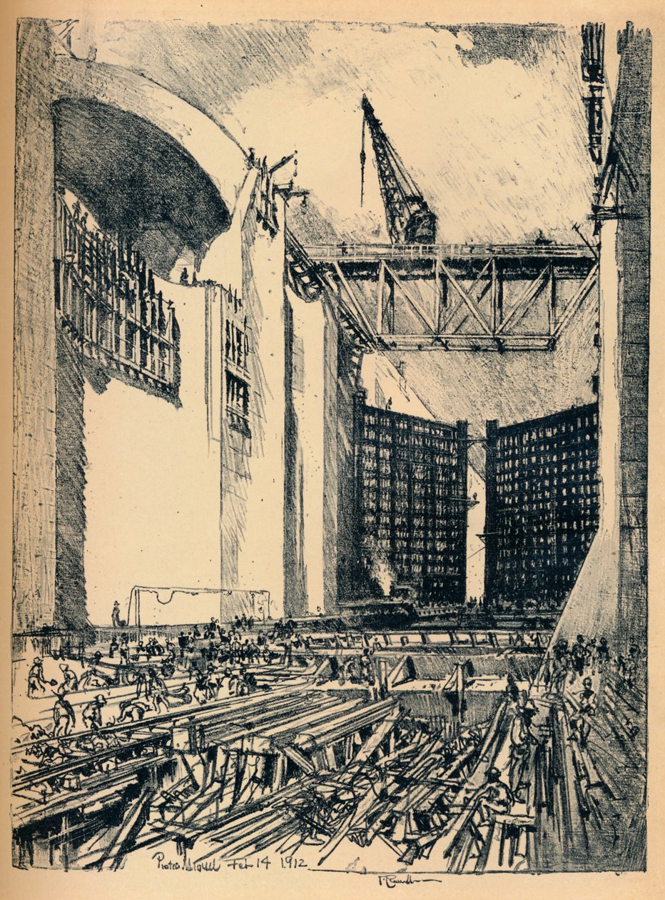 Posa del pavimento della chiusa di Pedro Miguel, 1912 da Joseph Pennell