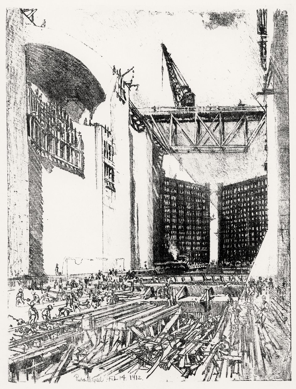 Posa del Pavimento: Chiusa di Pedro Miguel, tavola XVIII da Il Canale di Panama di Joseph Pennell, 14 febbraio 1912 da Joseph Pennell