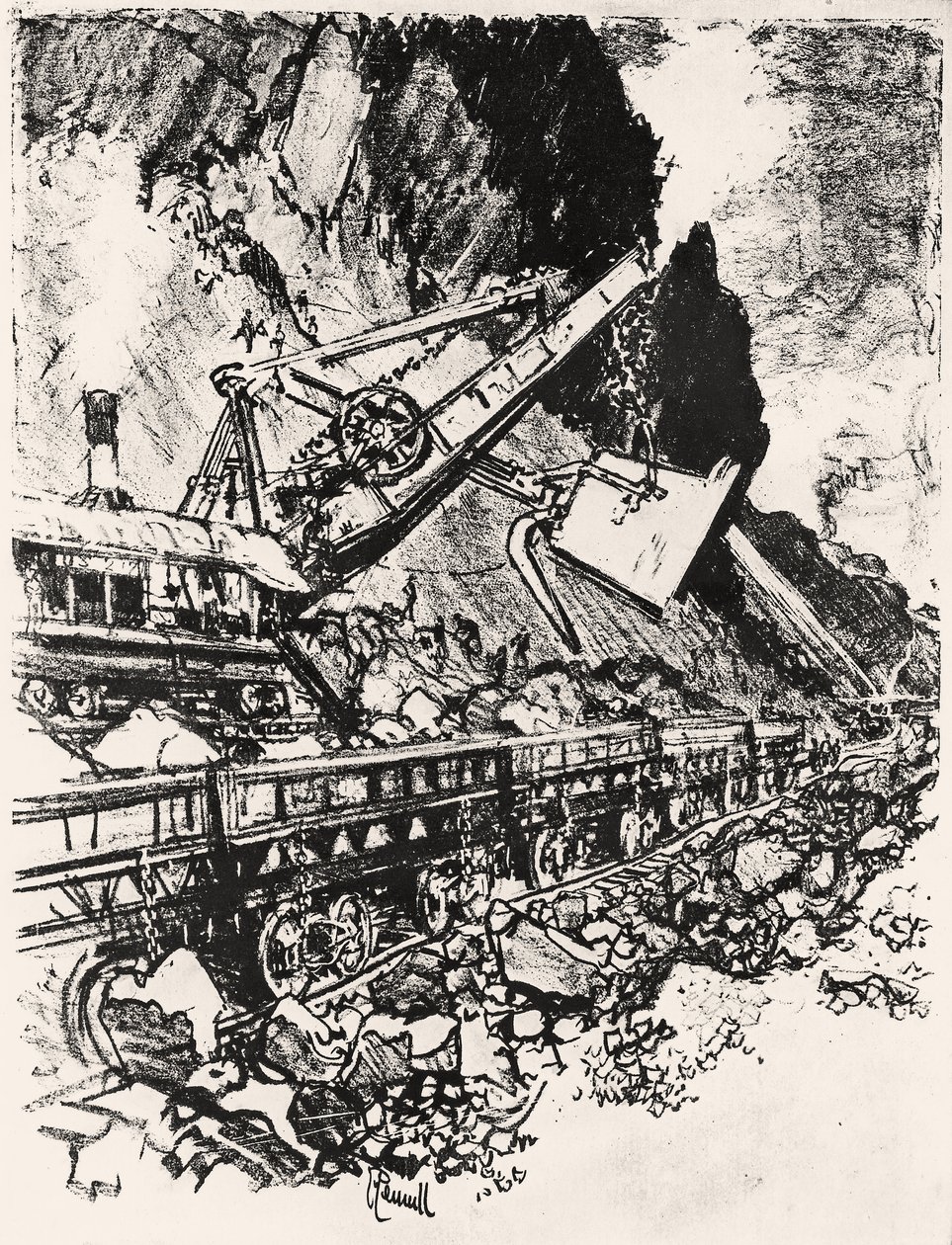 Lavoro con la Pala a Vapore: Taglio di Culebra, tavola XIV da Il Canale di Panama di Joseph Pennell, 1912 da Joseph Pennell