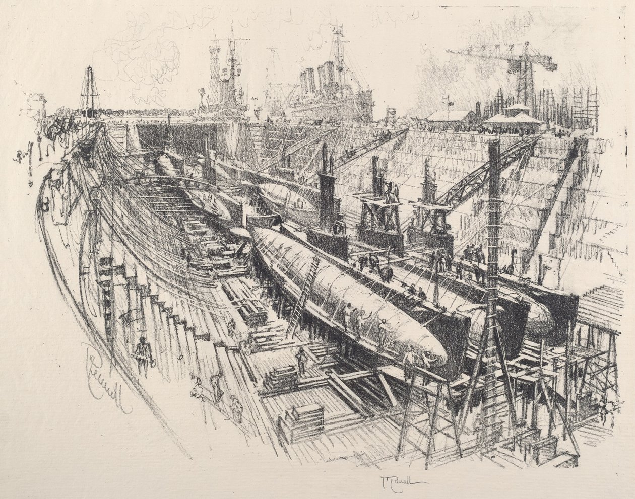 Sottomarini in bacino di carenaggio da Joseph Pennell