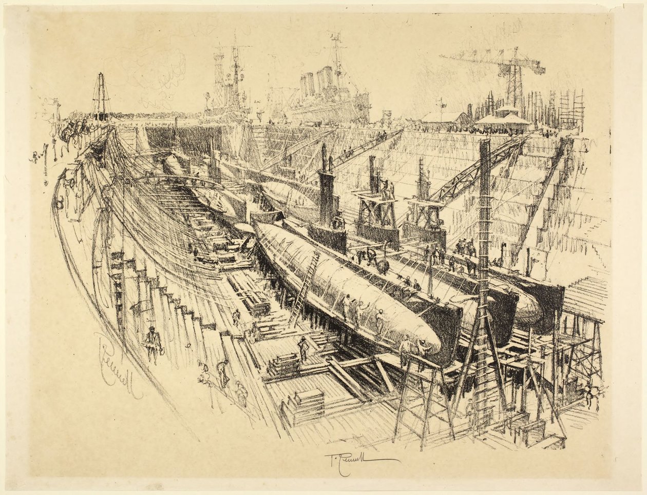 Sottomarini in bacino di carenaggio da Joseph Pennell
