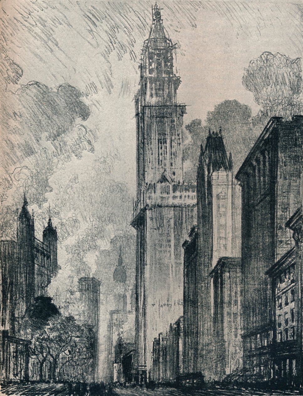 Broadway e il Woolworth Building, New York, 1912 da Joseph Pennell
