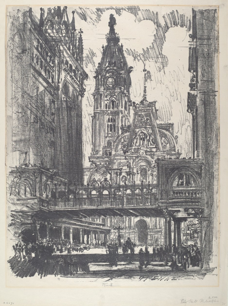 Il municipio e il ponte su Market Street, 1912 da Joseph Pennell