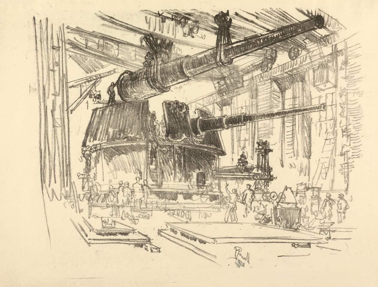 La serie della guerra inglese: W. 448 Montaggio di cannoni nelle torrette da Joseph Pennell