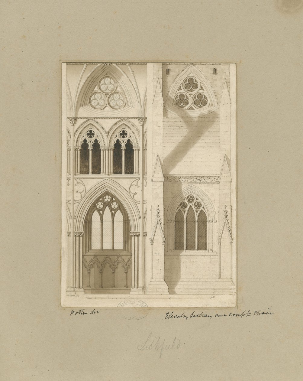 Interno della Cattedrale di Lichfield - Navata: disegno a seppia da Joseph Potter