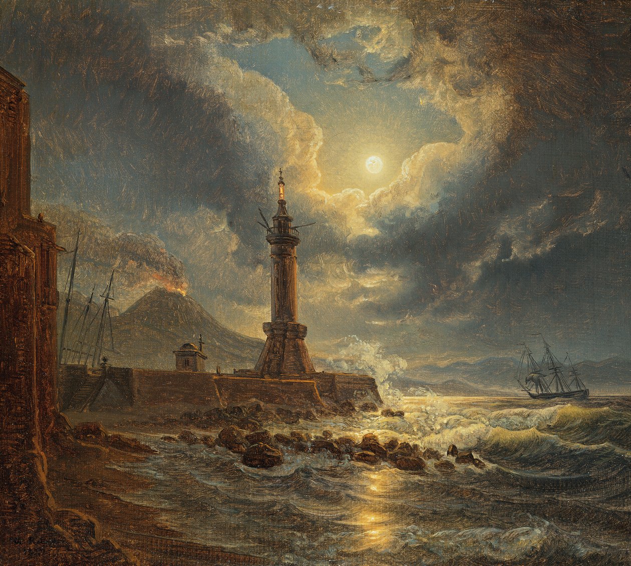Faro nel porto di Napoli al chiaro di luna da Joseph Rebell