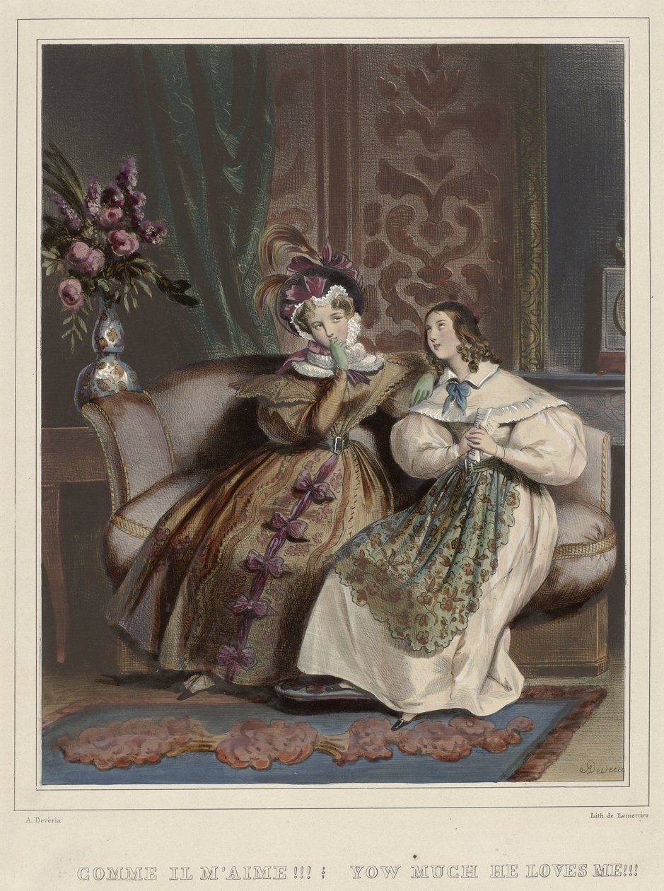 Le donne. Galleria alla moda, ca. 1830: Come mi ama!!! da Joseph Rose Lemercier