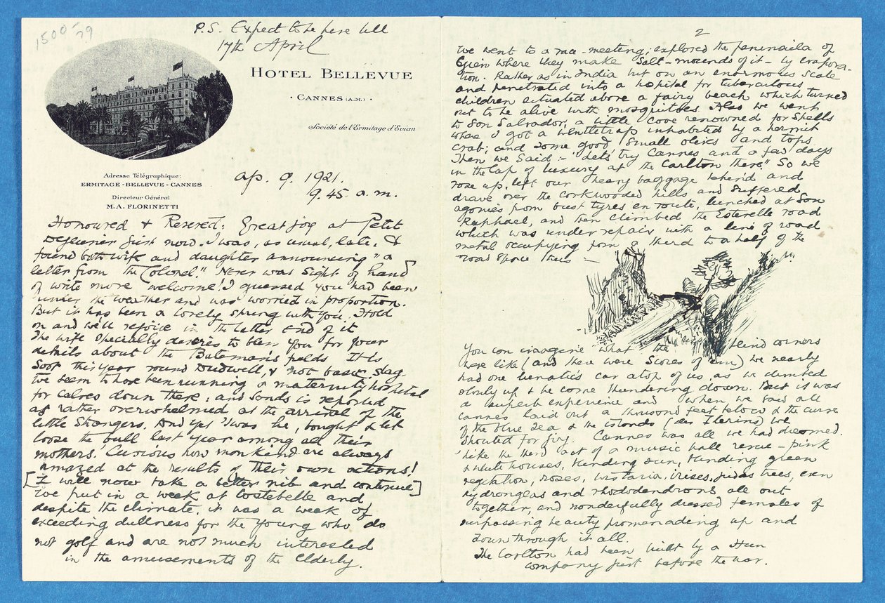 Lettera autografa al Col. H. W. Feilden, Hotel Bellvue Cannes, 9 aprile da Joseph Rudyard Kipling