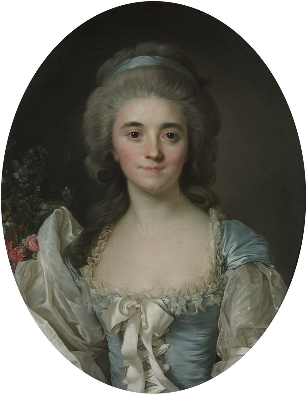 Ritratto di Comtesse de Provence (1753-1810), a mezzo busto, in abito turchese con bordi di pizzo e nastro bianco da Joseph Siffred Duplessis