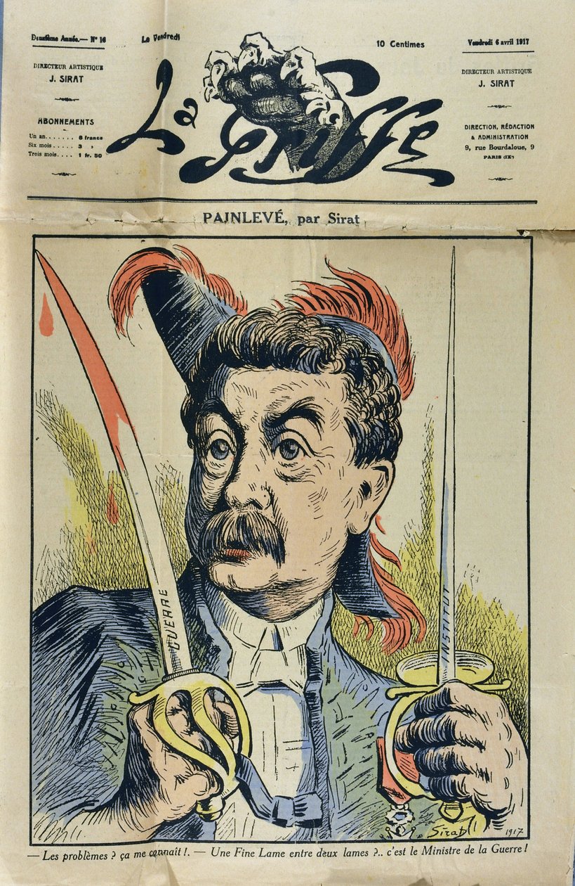 Ritratto del matematico e politico francese Paul Painlevé (1863-1933) caricatura di Sirat in "La Griffe" del 1917 da Joseph Sirat