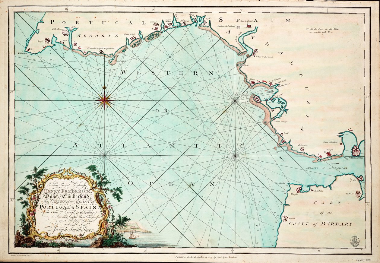 Carta della costa del Portogallo e della Spagna, da Capo San Vincenzo a Gibilterra da Joseph Smith Speer