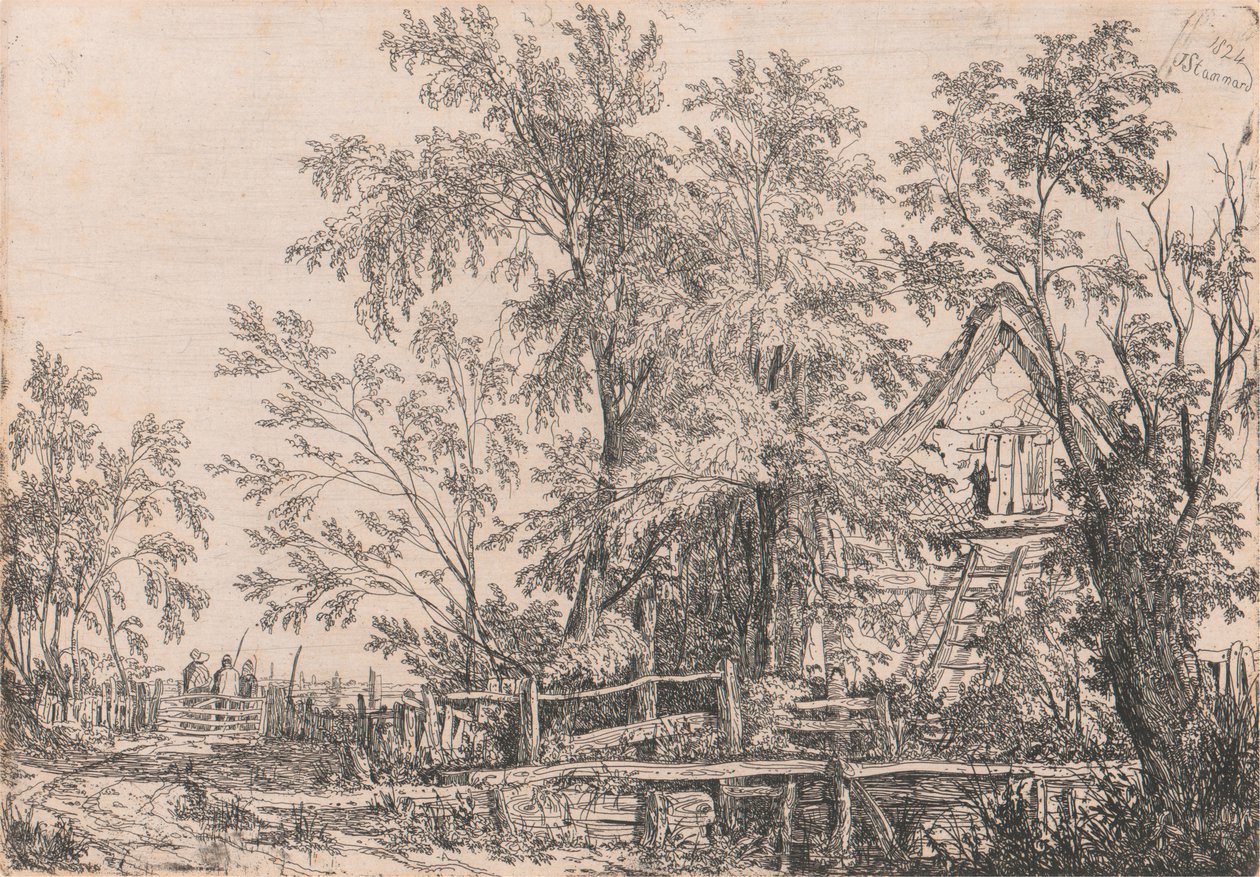 Cottage abbandonato nel paesaggio con figure da Joseph Stannard
